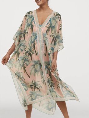 H&M Pink Palm Print Kimono with Mint Trim